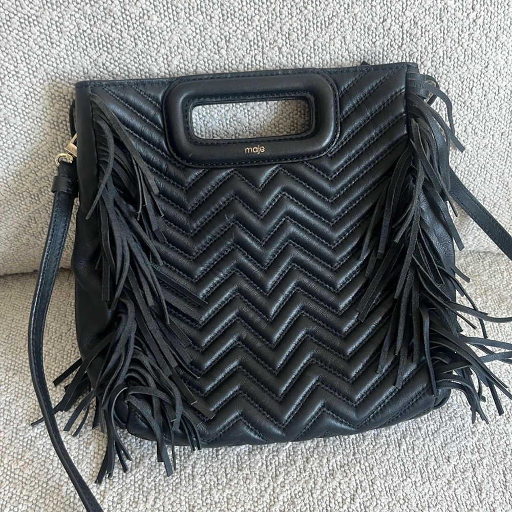 Fringe Black Leather Maje Bag